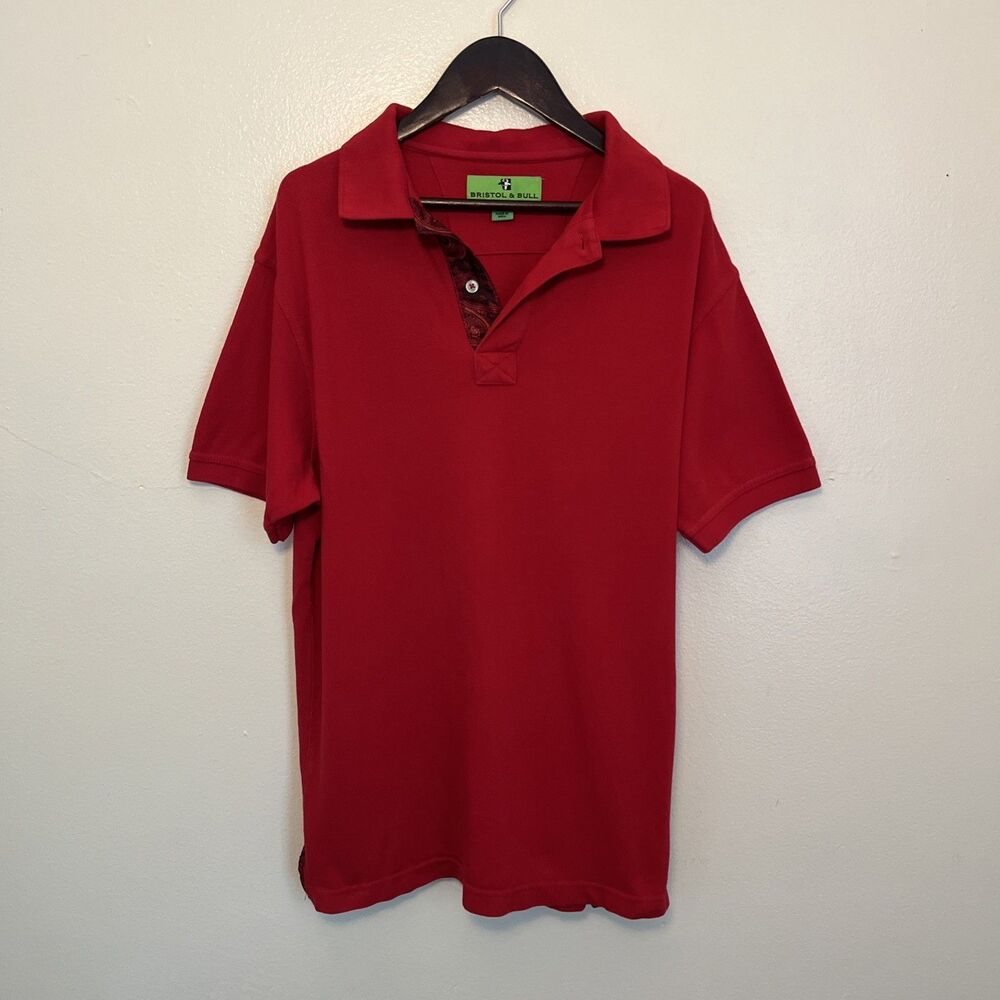 Bristol & Bull Contrast Silk Paisley Collared Pique Cotton Polo Shirt, Red- Med.
